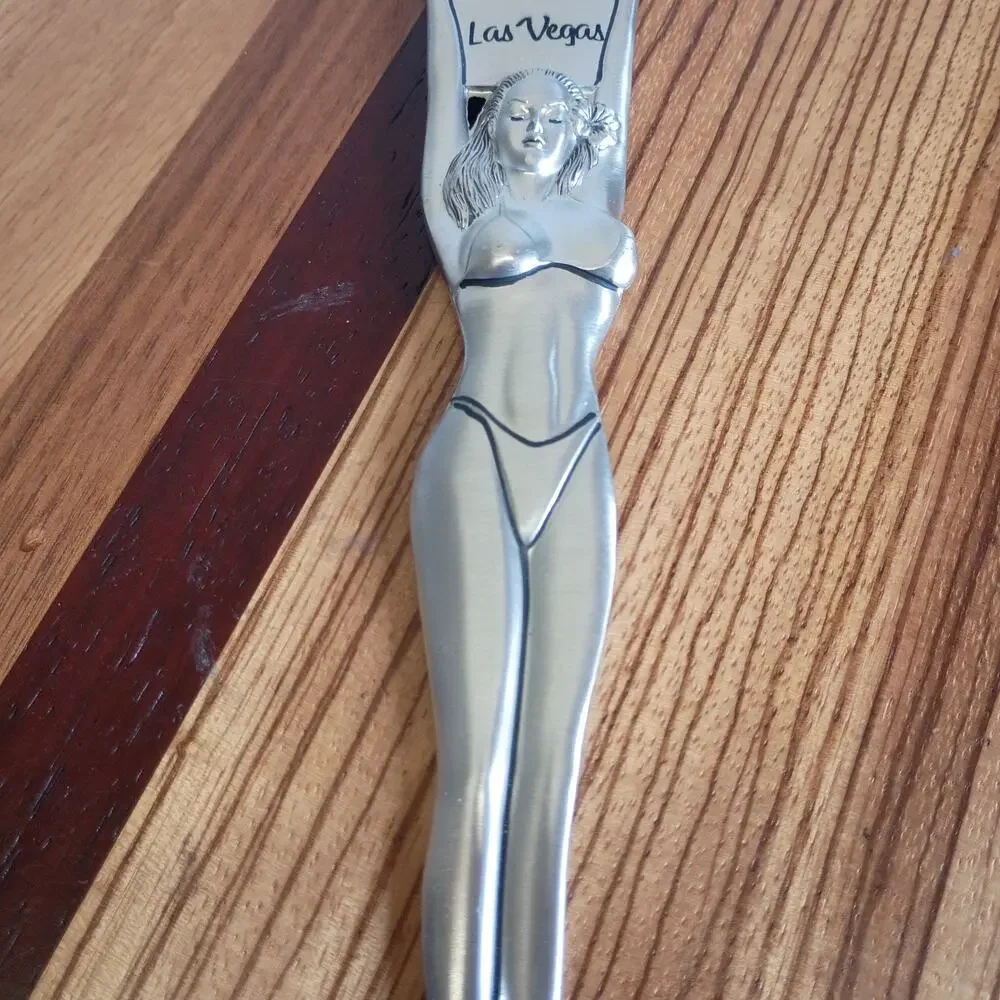 Vintage Pewter Like Metal Las Vegas Bikini, Clad Woman Bottle Opener 8.5” X 2”